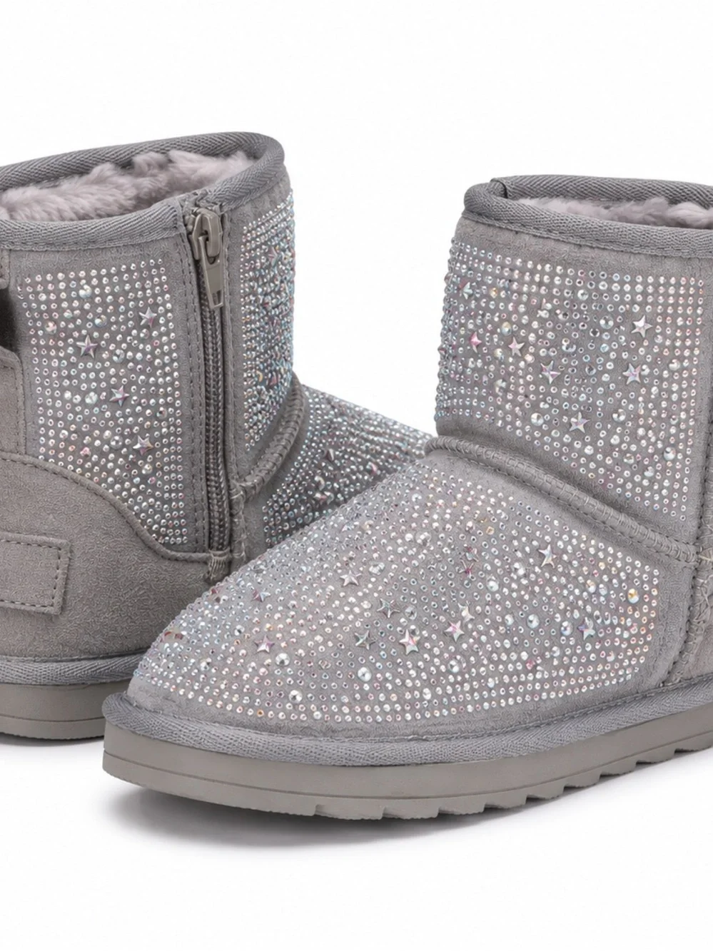 Girls Kids Size 11 Gray Rhinestone Sparkle Star Winter Boots Side Zip New in Box